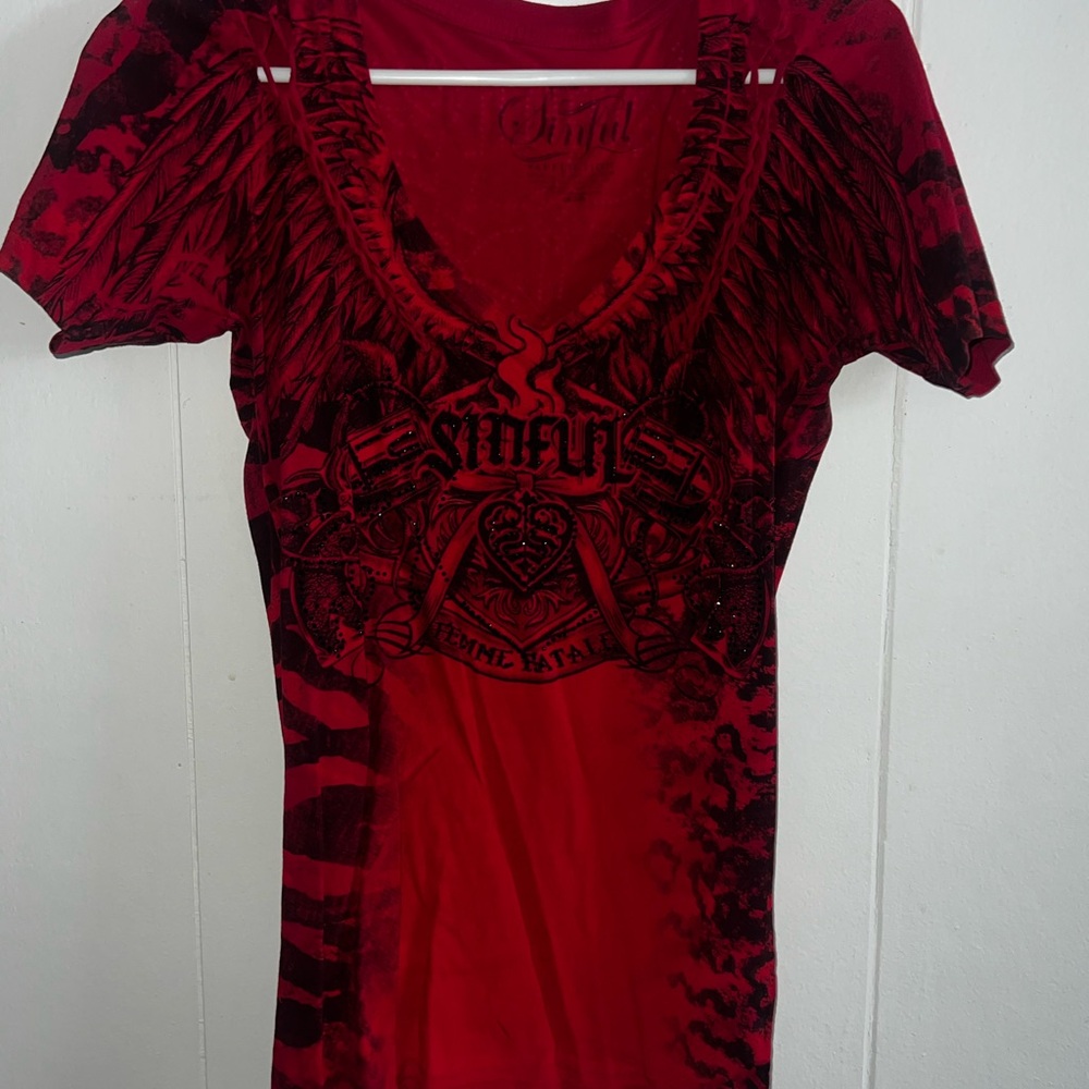 Affliction Red Fitted Graphic Blouse